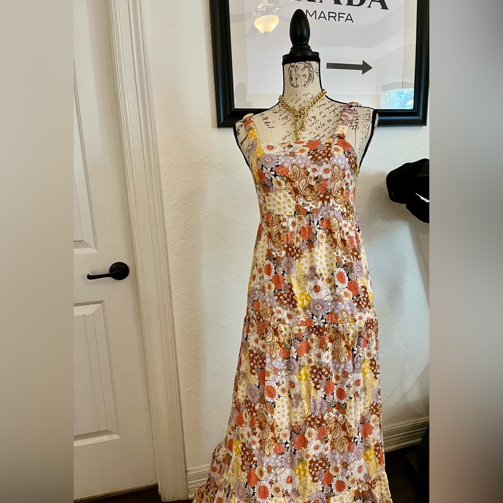 Maxi foral ruffle casual float elastic dress, straps, Square Neck, Long Dress